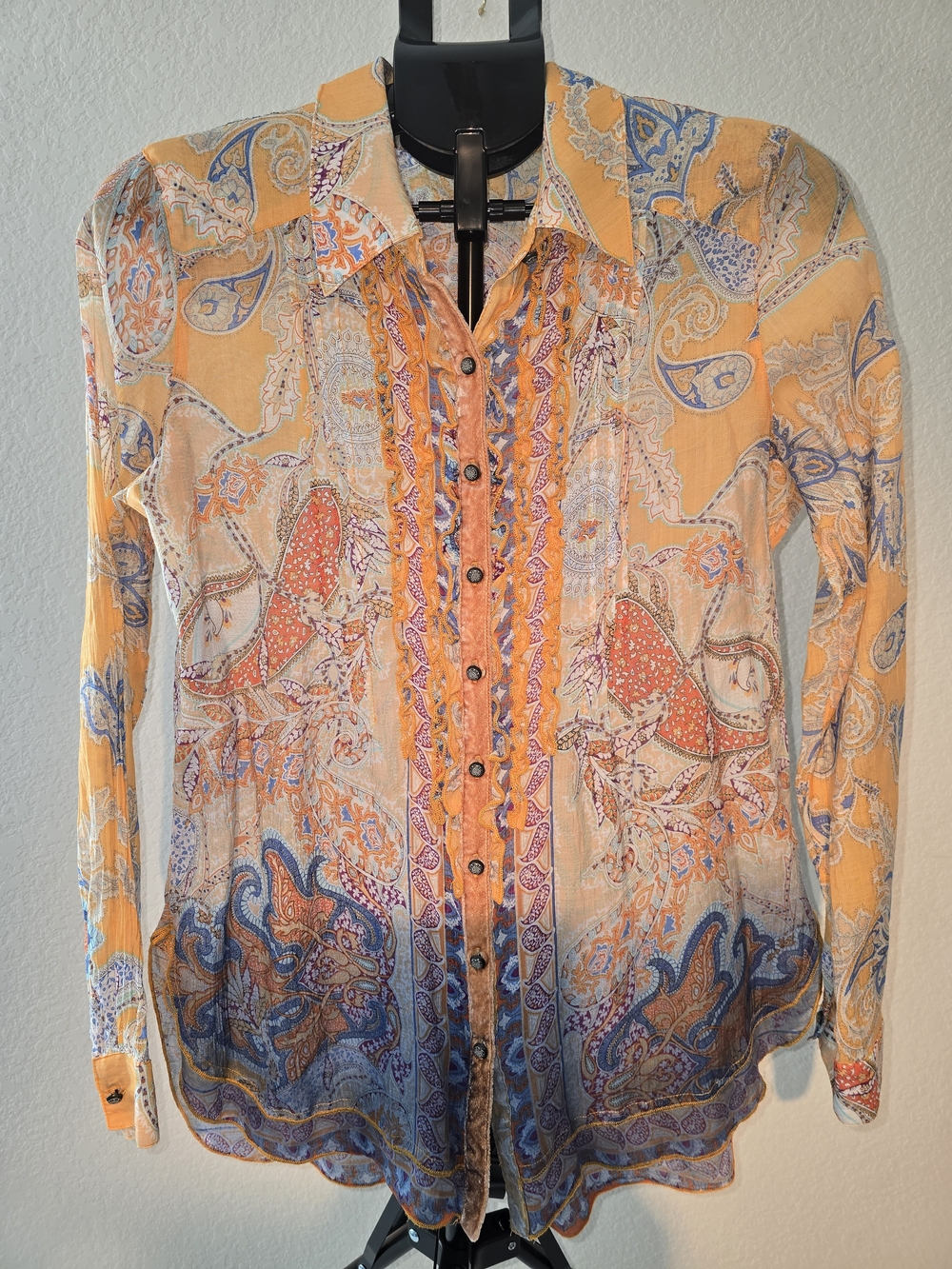 Soft Surroundings BoHo Orange and Blue PaisleyBlouse Size Med Very Good C